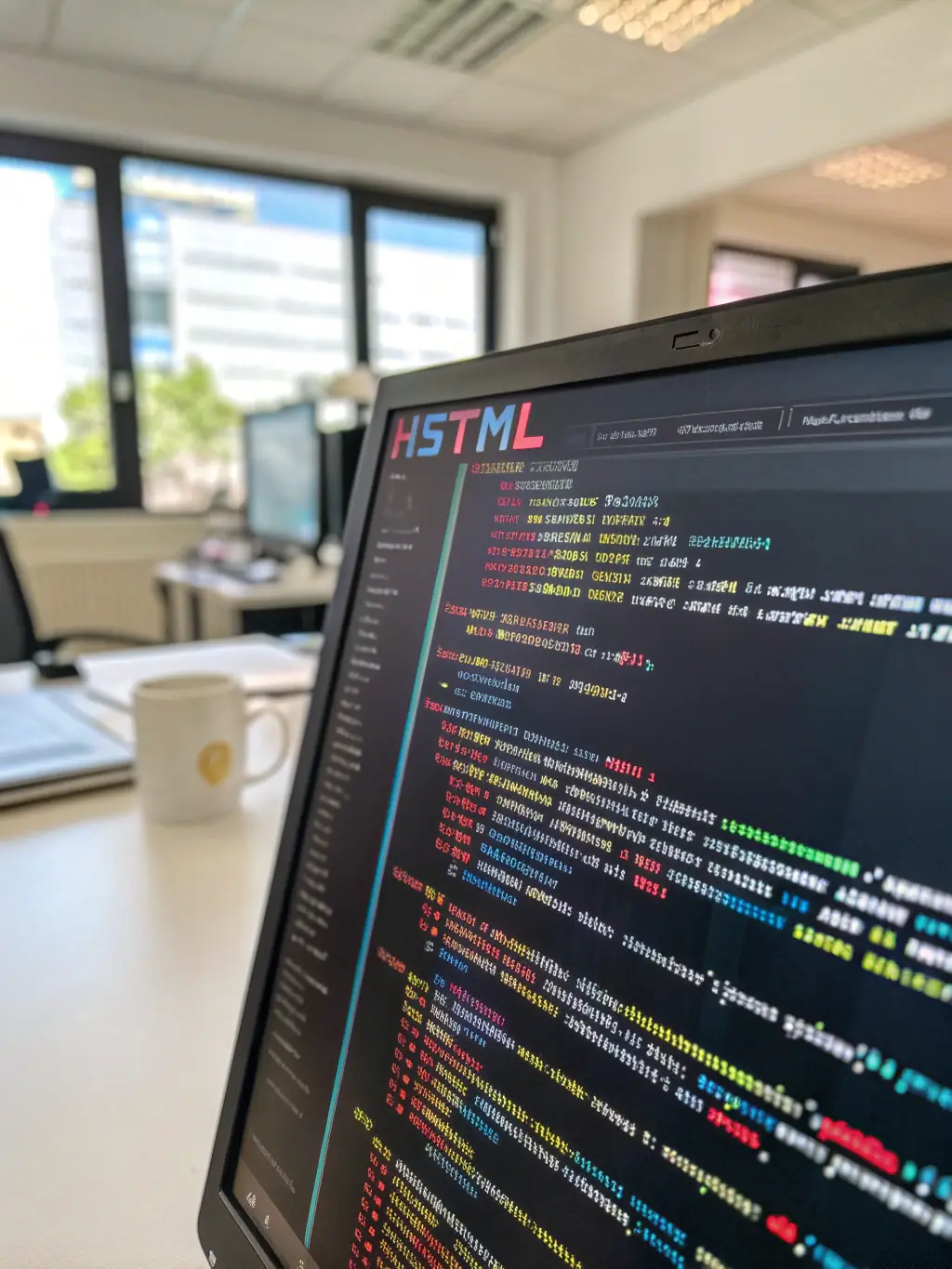 A close-up shot of HTML code on a computer screen, highlighting the structure and tags used in web development, in the context of a web development course module.