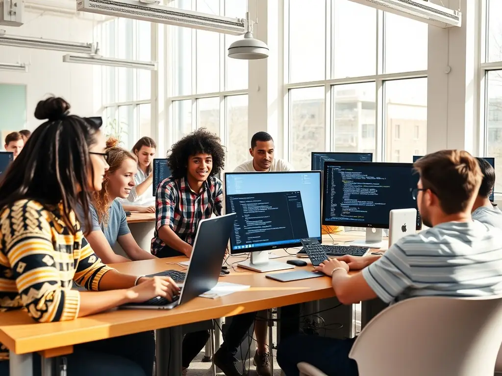 A diverse group of students collaboratively working on a web development project in a modern classroom setting, with laptops and interactive whiteboards visible, reflecting a supportive learning environment.