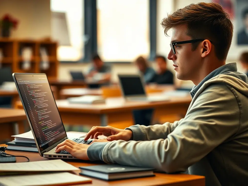 A student working on an HTML project, with code visible on the screen, in a modern classroom setting at webacademyuk.site.